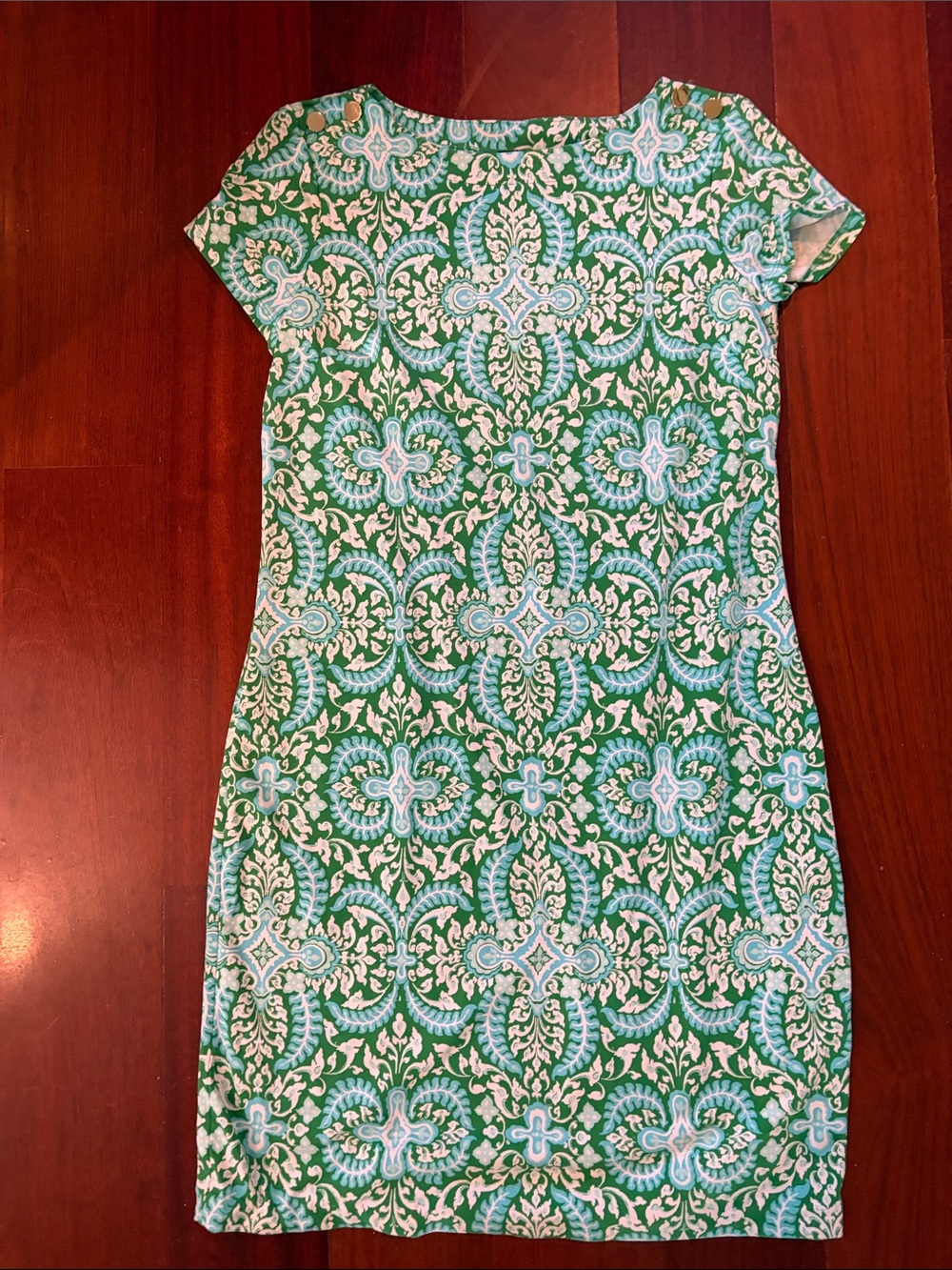 Talbots Green and White Printed Midi Sheath Dress
